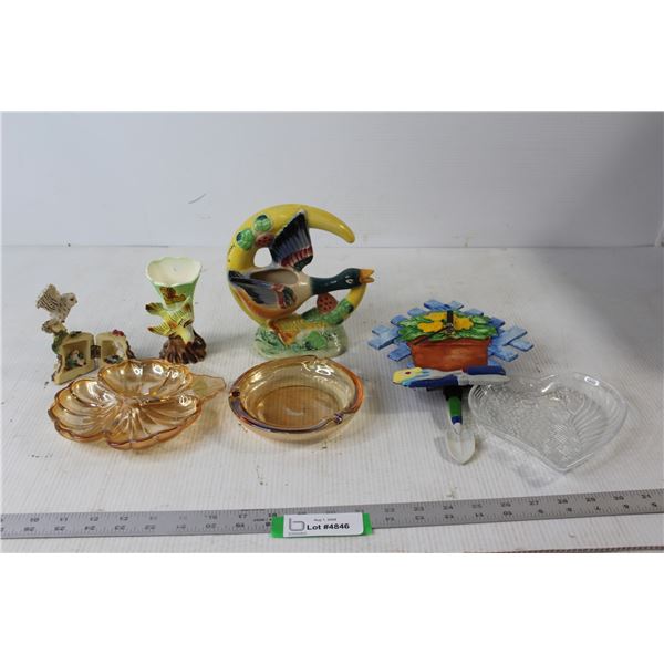 Battery Operated Clock, (3) Figurines, (3) Misc. Glass Work