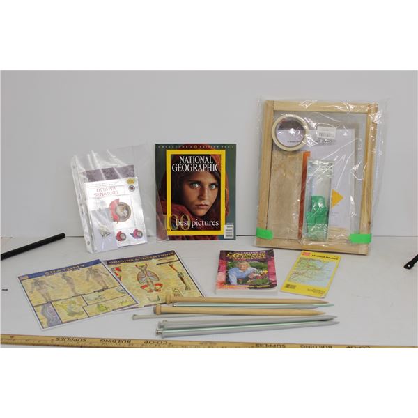 Lot: (5) Set of Knitting Needles, Screen Printing Kit, National Geographic, Misc.