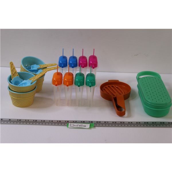 Lot: (4) Ice Cream Bowls/ Spoons, (2) Popsicle Sets, Tupperware Grater and Sifter