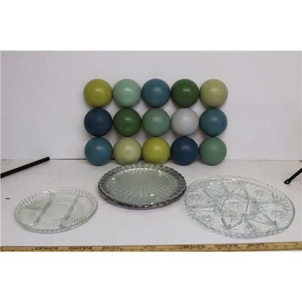 Lot: (3) Glass Serving Trays, (1) Silver Plated Platter, Ikea Wall Decor - 23" x 14"