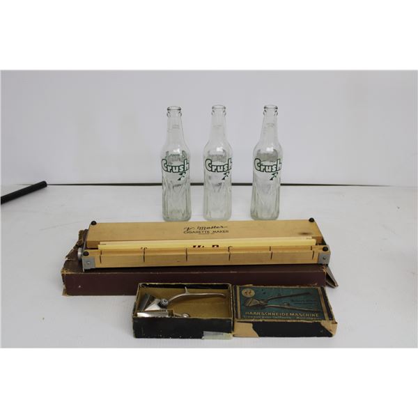 Vintage Cigarette Maker & Vintage Beard Trimmer, (3) Crush Glass Bottles