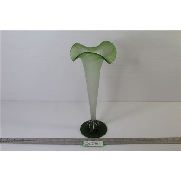 Green Fluted Glass Vase w/White Glass lines (12 1/2" tall)