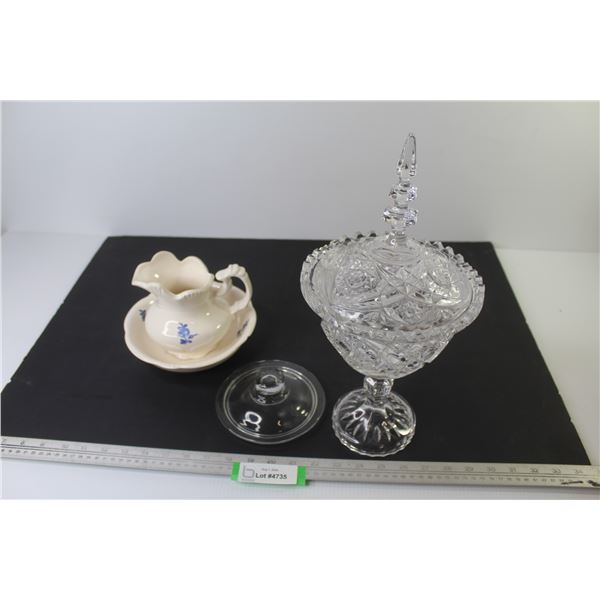 Crystal Pedestal Dish w/Lid - Glass Lid - Bowl & Pitcher