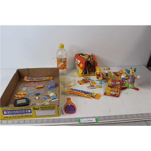 Assorted Simpsons Candy Wrappers, Candy, Assorted Simpsons Figurines, Empty Simpsons Orange Crush Bo
