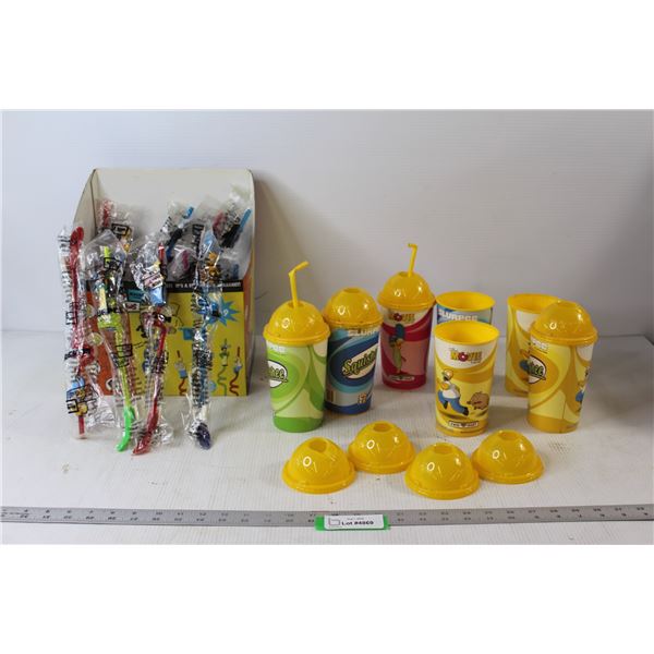(7) Used Simpsons Slurpee Cups, (10) Simpsons Straws