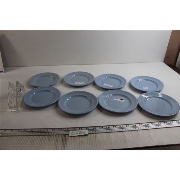 (8) Small Blue Plates, Pinwheel Crystal Napkin Holder