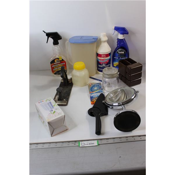 Assorted Cleaning Liquids, Hand Sander, Pizza Cutter, Misc.
