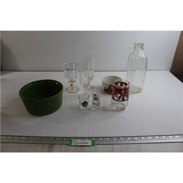 (2) Shot Glasses, Green Bowl, Assorted Kitchenware