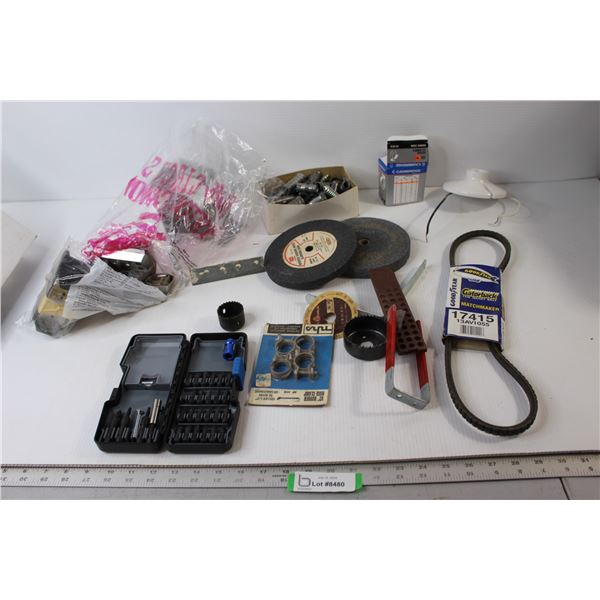 Assorted Hardware, Rubber Hose Clamps, (2) Grinding Wheels, Misc.
