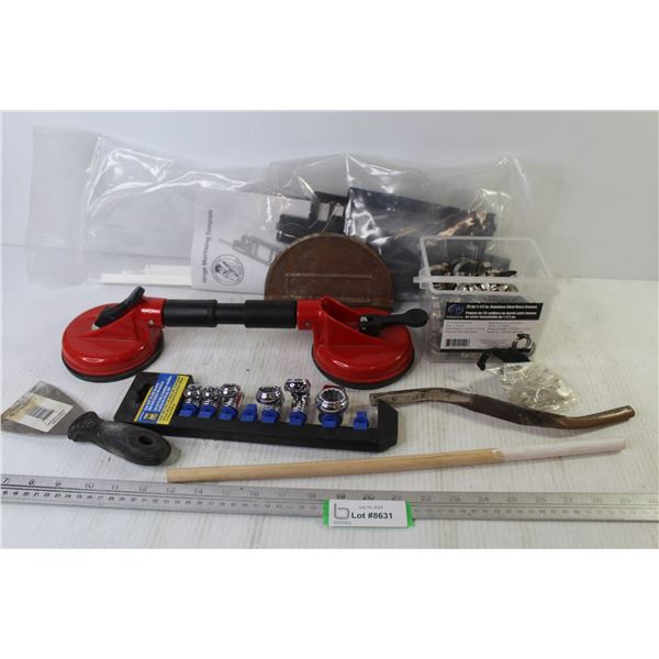 Hinge Mortising Template - Steel Hose Clamps - 3/8" Flexible Box-End Socket Wrenches - Glass Suction