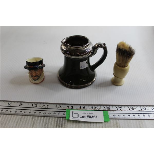 Silver Lustre Pitcher, Shaving Brush, Royal Doulton Beefeater Mini Cup