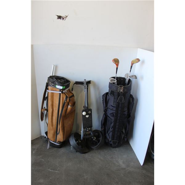 ** (2) Golf Bags w/ Assorted Clubs w/Wheeler
