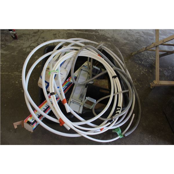 ** Pex Pipe (Plumbing) & Assorted Hardware Items in Plastic Tub