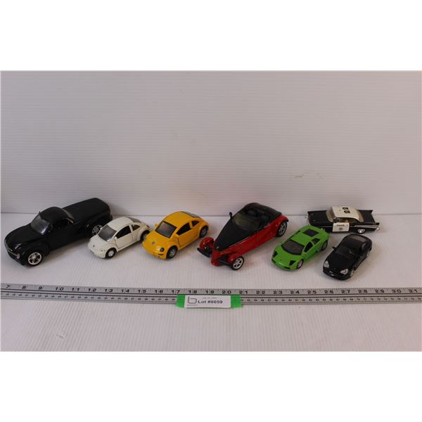 (7) Model/Toy Cars: Volkswagen Beetle, Plymouth, Lamborghini, Police
