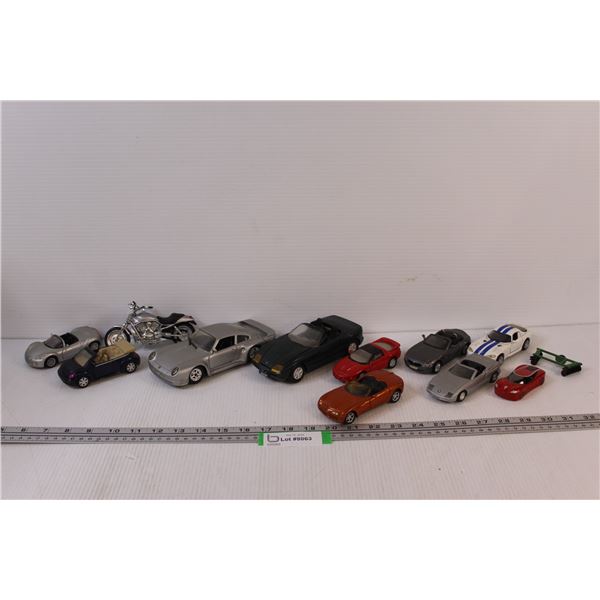 (11) Model Toy Cars: Harley Davidson, Porsche, BMW, Dodge Viper, Misc.