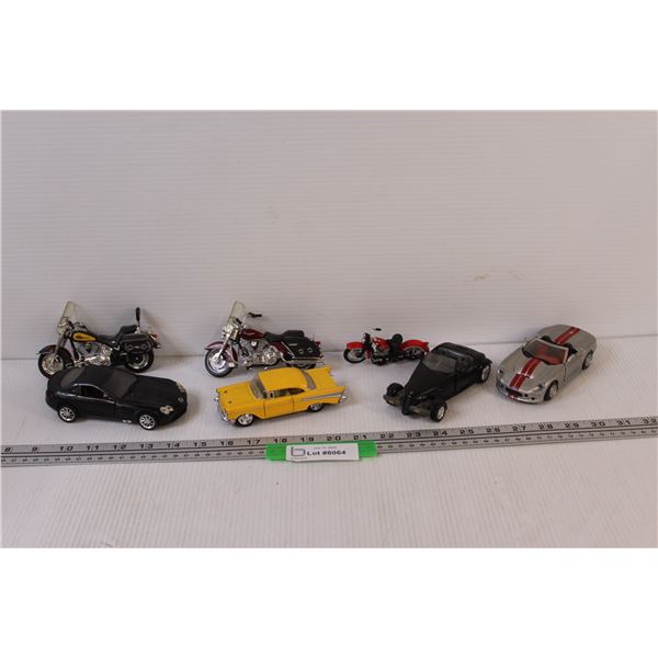 (7) Model/Toy Cars: Harley Davidson, Chevy Bel-air, Plymouth, Misc.