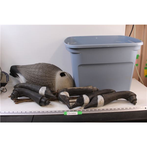 * (5) Canadian Geese Hunting Decoys in Blue Tote (Missing One Head)