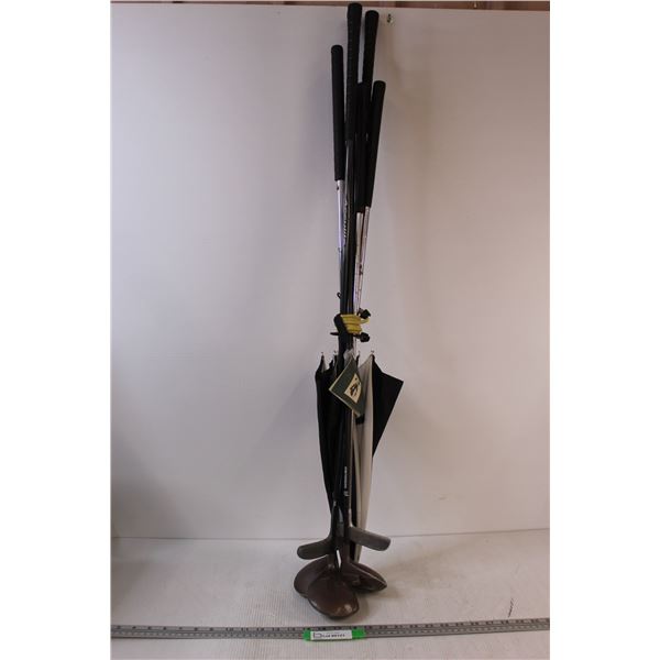 (5) Assorted Golf Clubs w/ Caddy Umbrella