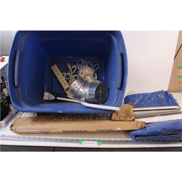 * Tote w/Ceiling Grid Pieces, Tarp, Power bar, Misc.