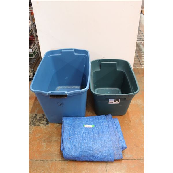 * (2) Totes (No Lids) & Blue Tarp (as is)