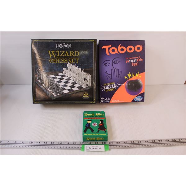 (3) Board Games: Harry Potter Chess Set, Taboo, Dutch Blitz (All Complete)