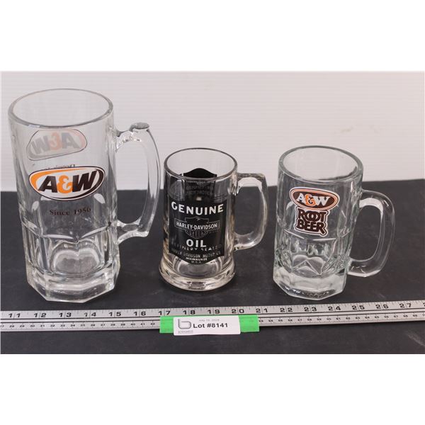 (2) A & W Glass Mugs, Harley Davidson Glass Beer Mug