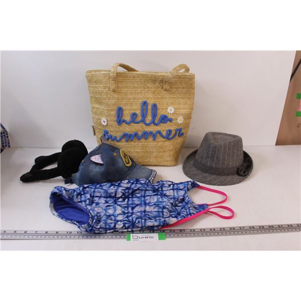 Girls Lot: Speedo Swimming Suit Size 8, Fedora, Baseball Hat, Fuzzy Earmuffs & Summer Bag