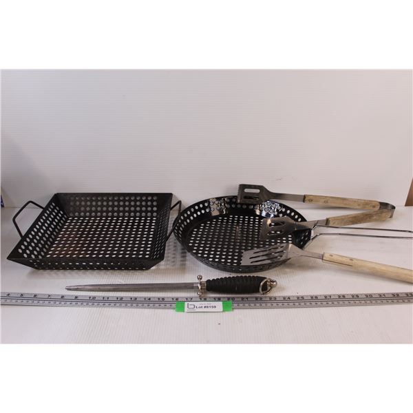BBQ Tools: (2) Pans, (2) Spatulas, Knife Sharpener