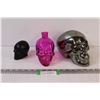 Image 1 : (3) Skulls Decor: Silver Money Bank, Black Cologne Bottle (Empty), Pink Container