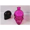 Image 4 : (3) Skulls Decor: Silver Money Bank, Black Cologne Bottle (Empty), Pink Container