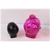 Image 5 : (3) Skulls Decor: Silver Money Bank, Black Cologne Bottle (Empty), Pink Container