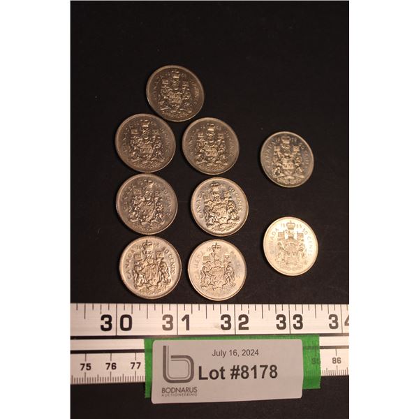 (7) Canadian 50 Cent Coins 1968, (1) 1979, (1) 1985