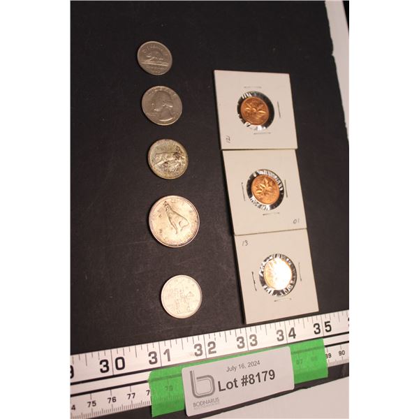 (3) 1968 Canadian Pennies, 1973 Canadian Quarter, 1939 Canadian Nickel, Various Coins