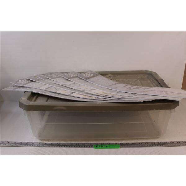 (7) Faux Wood Wall Sticker Packages - NIB & 10 Gallon Tote (Lid Has Crack, Worn)