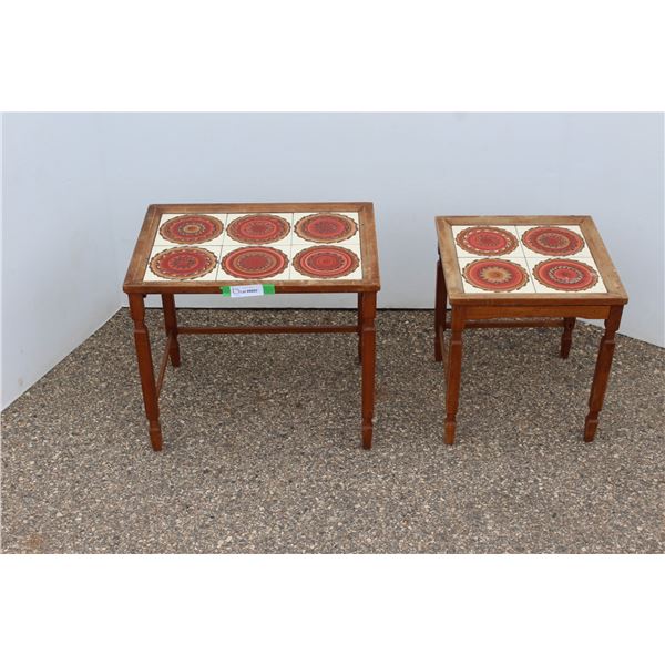 ** Vintage Nesting Table Set w/Tile Tops (Missing Brace & Crack in Tile) - 15" x 20.5" x 18" & 15" x