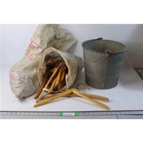 Galvanized Bucket, Coal Chunk and Assorted Wooden Hangers
