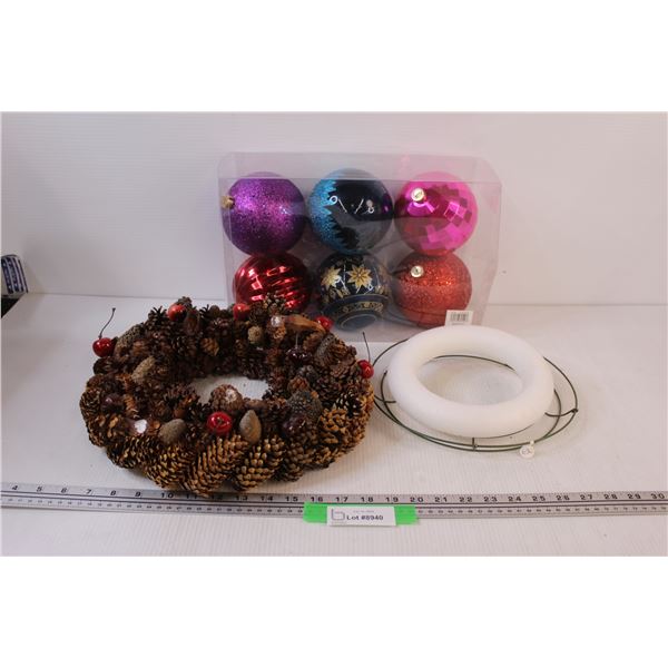 (6) Over Sized Christmas Ornaments, Pine Cone Wreath & (2) Wreath Circles