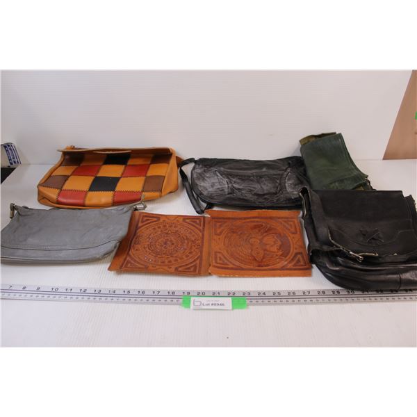 (2) Engraved Leather Squares & (4) Purses (Worn)