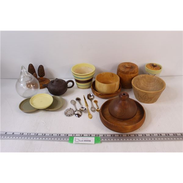 Wood Carved Bowl Assortment, Teaspoons, Misc.