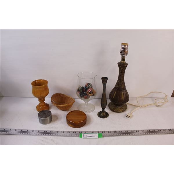 Lot: Lamp (untested), Ukrainian Eggs in Bowl, Vases, Basket
