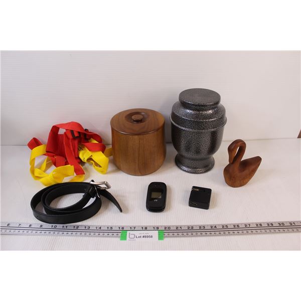 Lot: Urns, Flip Phone, Belt, Wooden Swan, Misc.