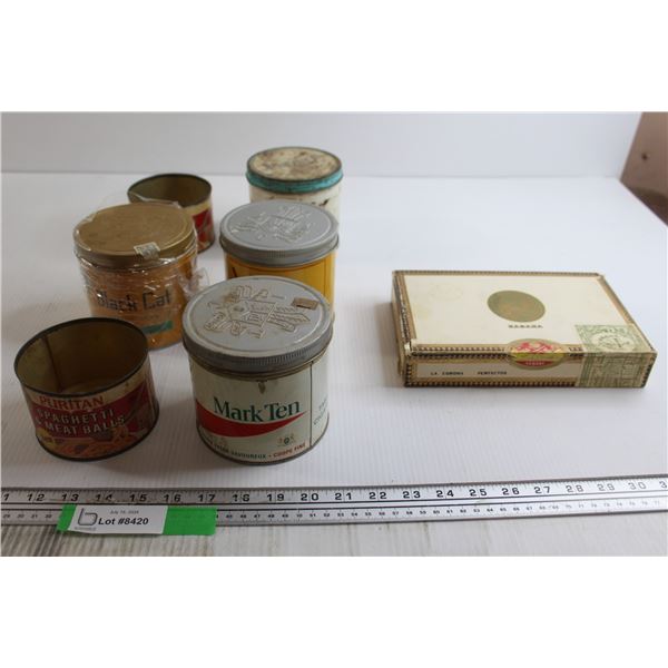 (4) Assorted Tobacco Tins, (2) Spaghetti & Meatball Tins, Cigar Box