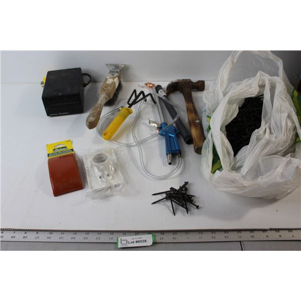 Little Buddy Heater, Hammer, Rubber Sander, Wire Brush, Bag of Screws, Misc.