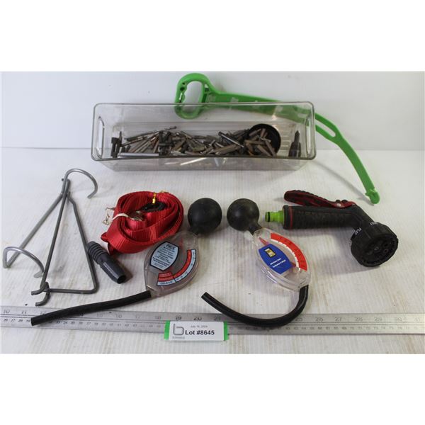 Plastic Container w/Driver Bits - Battery Tester - Antifreeze Tester - Ratchet Strap - Hose Sprayer 
