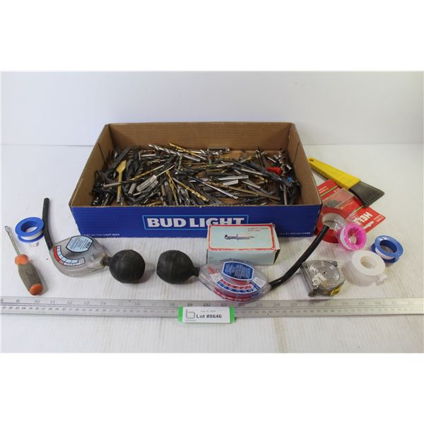 Flat of Drill Bits - Battery Tester - Anti Freeze Tester - Pipe Tapes - Measuring Tape - Misc. Items