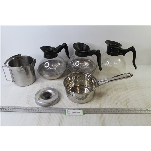 (3) Glass Coffee Pots - Stainless Steel Measuring Pot - Straining Pot