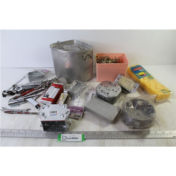 3 1/2" Wood Screws - Metal Tin of Driver Bits - Electrical Boxes - Switches - Wrenches - Drill Bits 