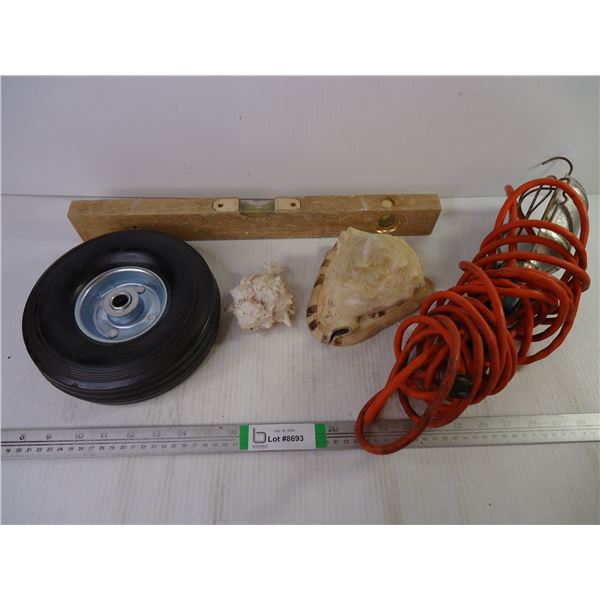 Wood Level, Rubber Tire 8x2.5,Trouble Light0No bulb, untested) and (2) Seashells