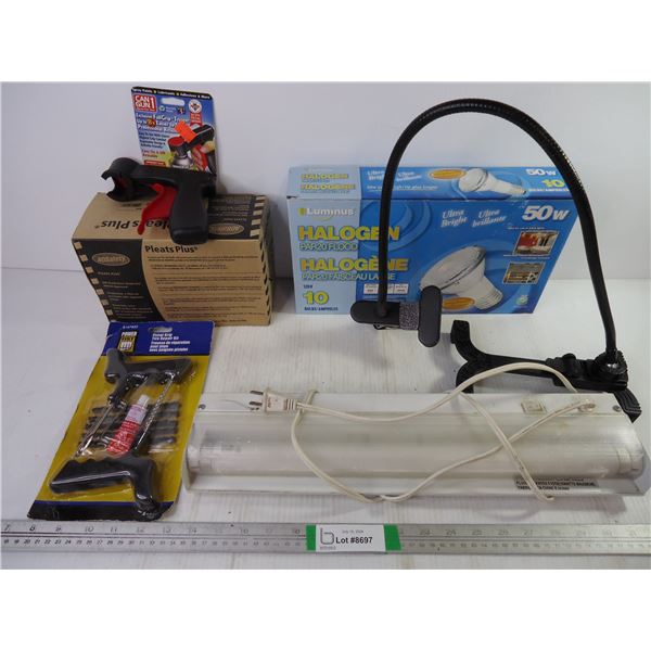 Box of (7) Halogen Bulbs, Box of N95 Respirators, Tire Repair Kit, Gun Can Trigger, Under Counter Li