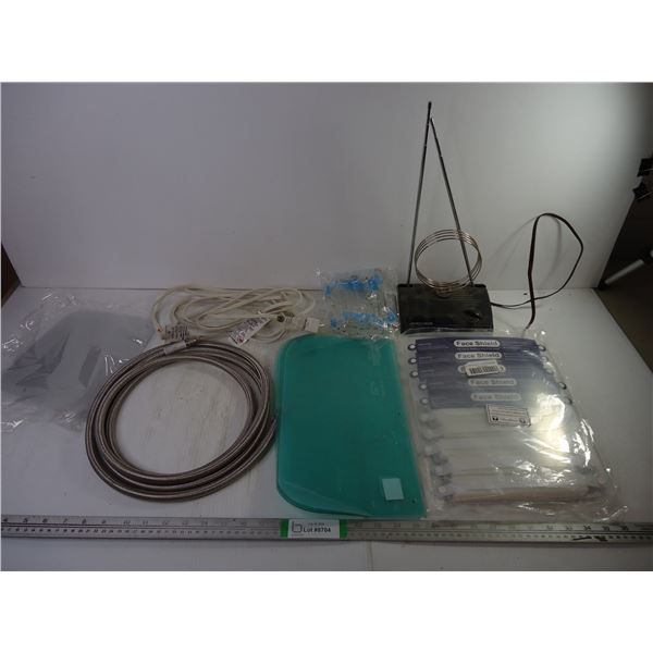Lot of Assorted Faceshields, Extension Cord, Antenna, Steel Braided Hose